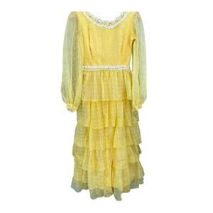 Sylvia Ann Yellow Polka Dot Dress Chiffon Maxi Ruffle Southern Belle Cottagecore